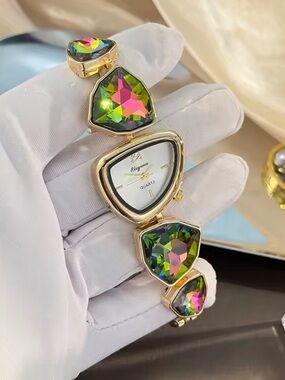 Anthropologie Gold Watch with Iridescent Green-Pink Gemstones
